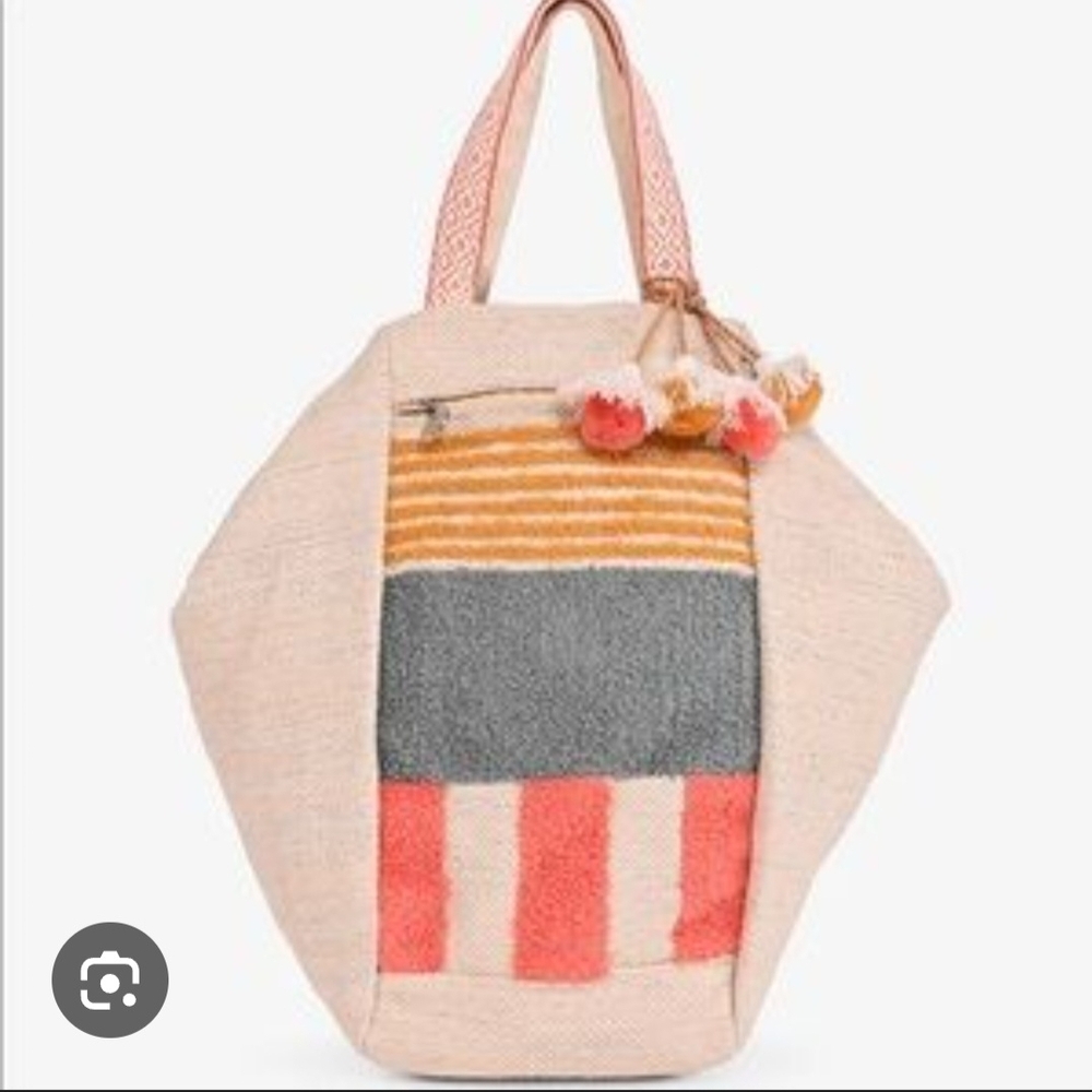 America And Beyond Embroidered Backpack Tote in Coral, Gray & Mustard